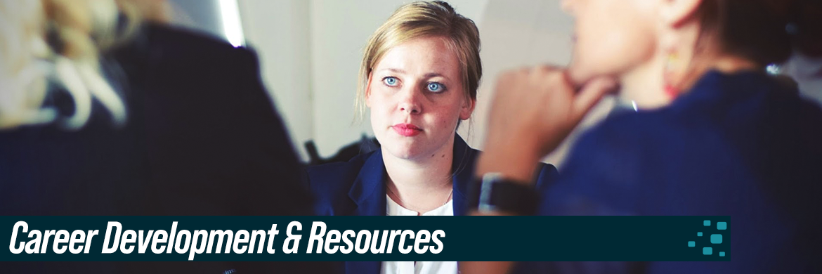 Career Development & Resources header showing woman in business attire in meeting opposite two other women