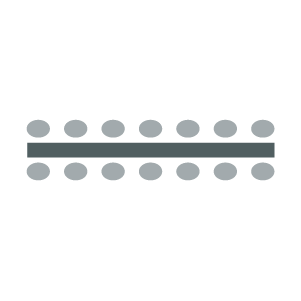 One long rectangular table with seven seats on each side.