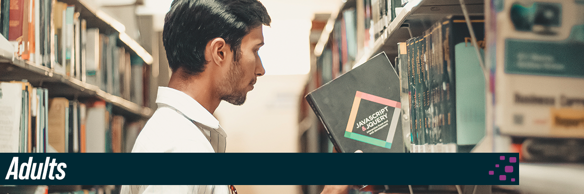 Man pulling out javascript manual from bookshelf in library