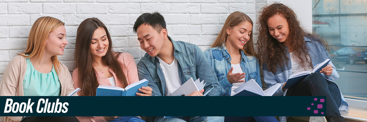 Book clubs header image showing a group of adults reading and discussing book