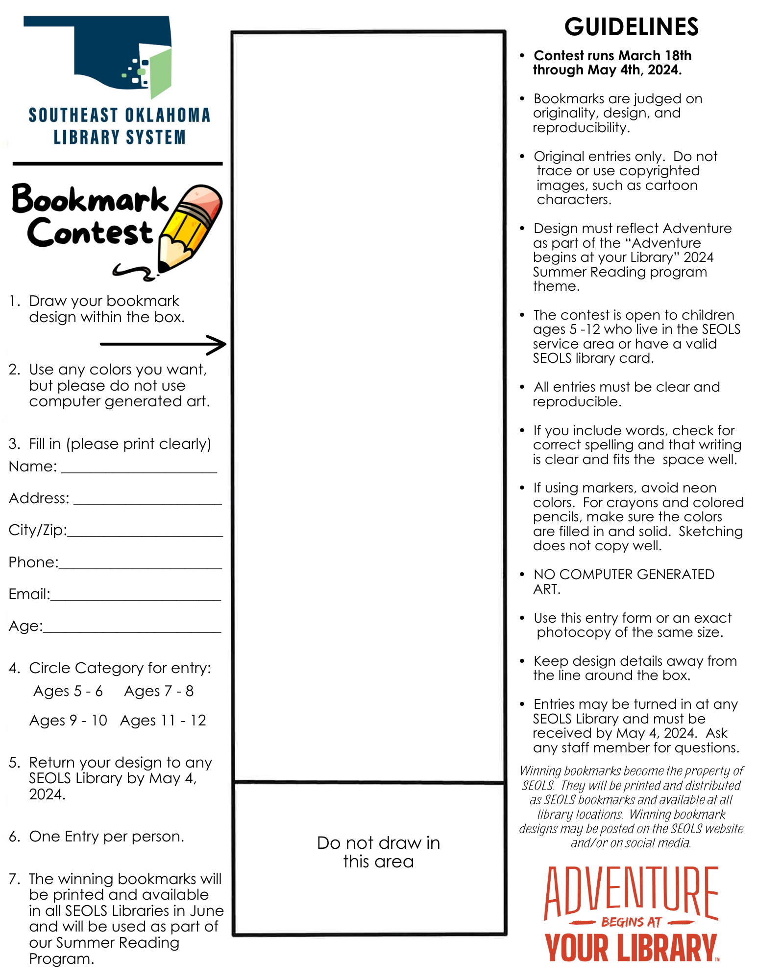 Kid's Bookmark Contest 2024 Entry Form