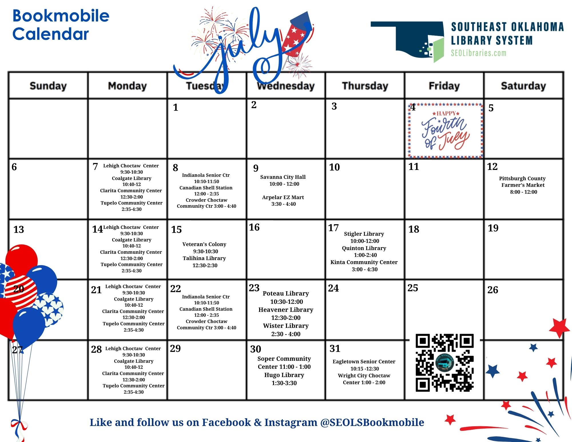 Bookmobile July 2025 Schedule Calendar Graphic