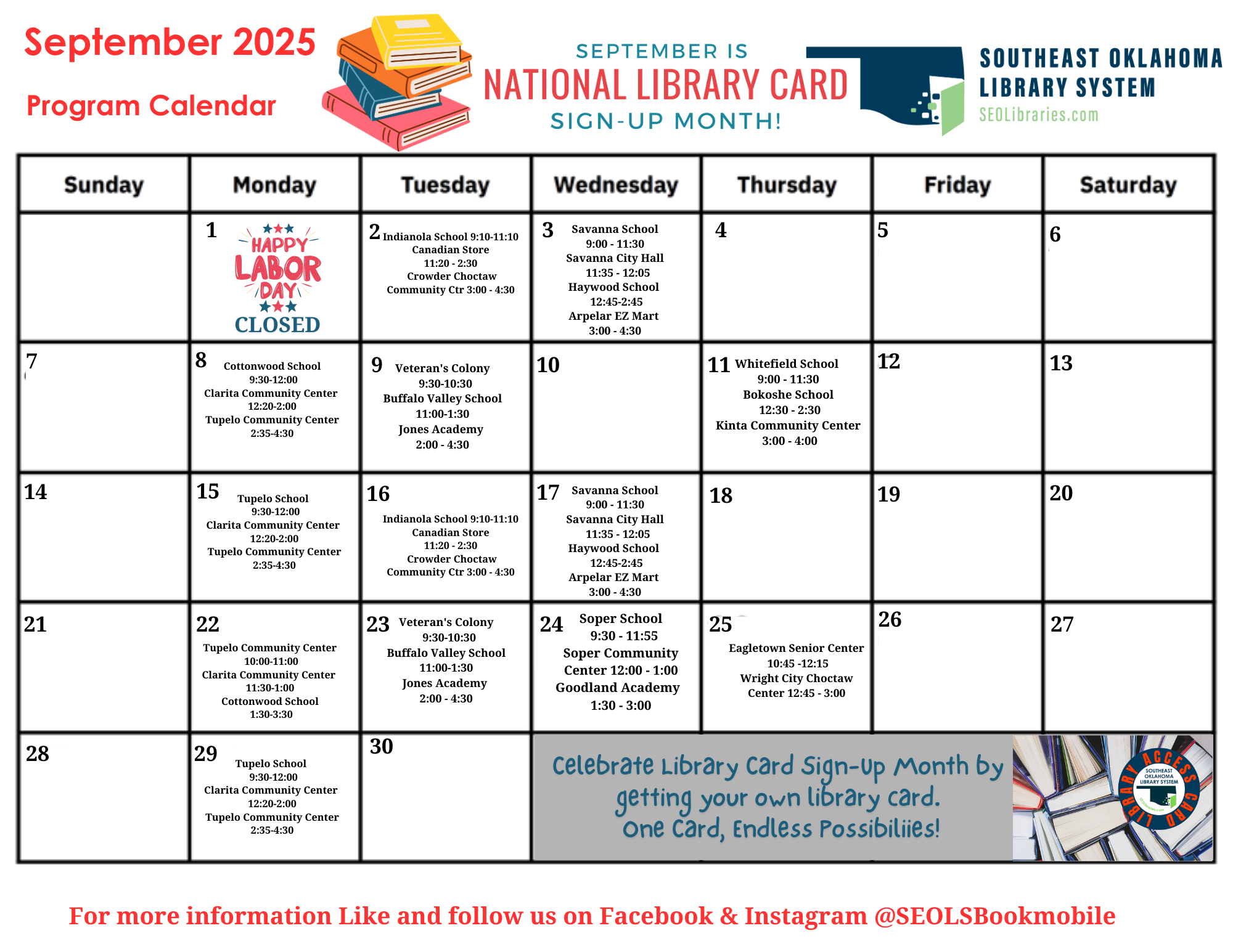 September 2025 Scheduled stops calendar for the SEOLS Bookmobile 