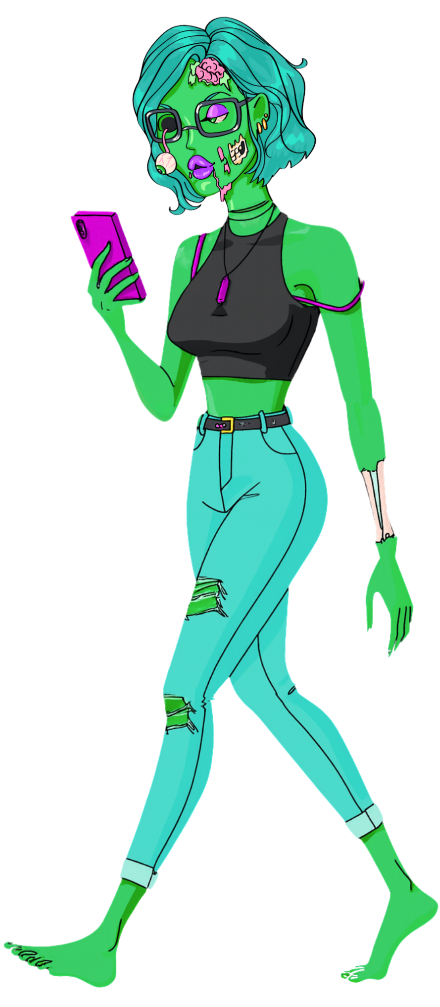 Creepy Lady Zombie Graphic, she is holding a cell phone and looking at it.
