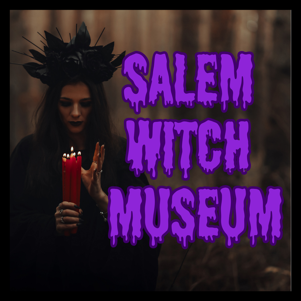 Text that says, "Salem Witch Museum" next to a female portraying to be a witch holding a candle