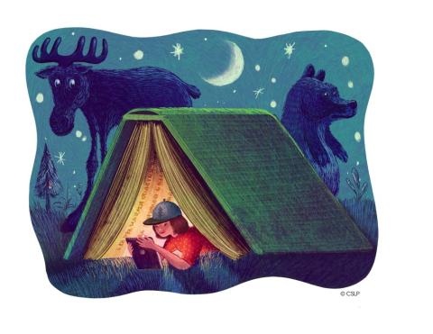 Night time Camping scene with a book used as a tent and a child reading.