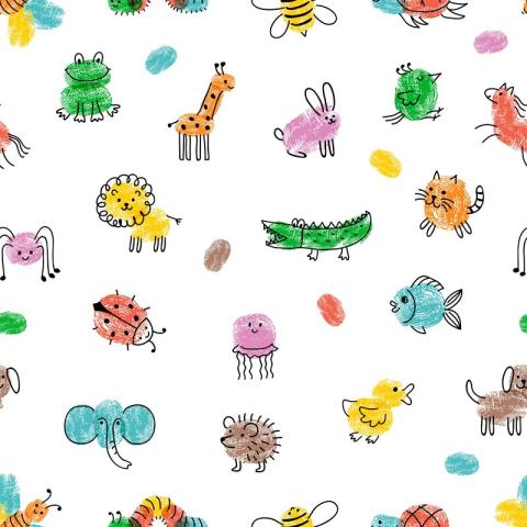 Bright, colorful animals made from fingerprints.