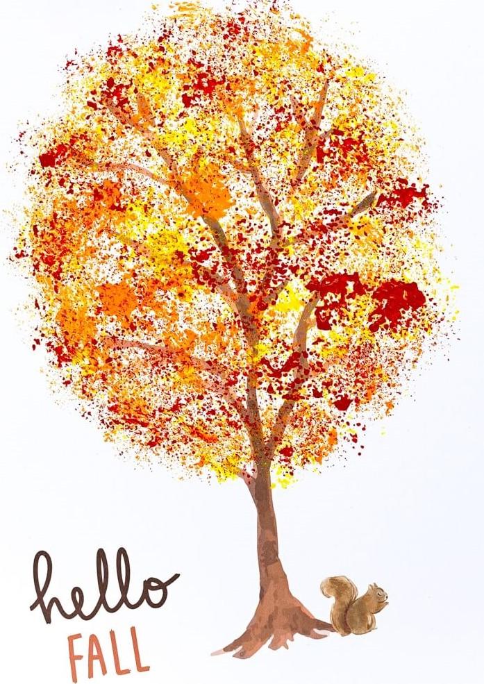 A painted colorful fall tree with a squirrel and the words Hello Fall