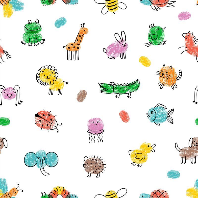 Bright, colorful animals made from fingerprints.