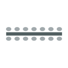 One long rectangular table with seven seats on each side.